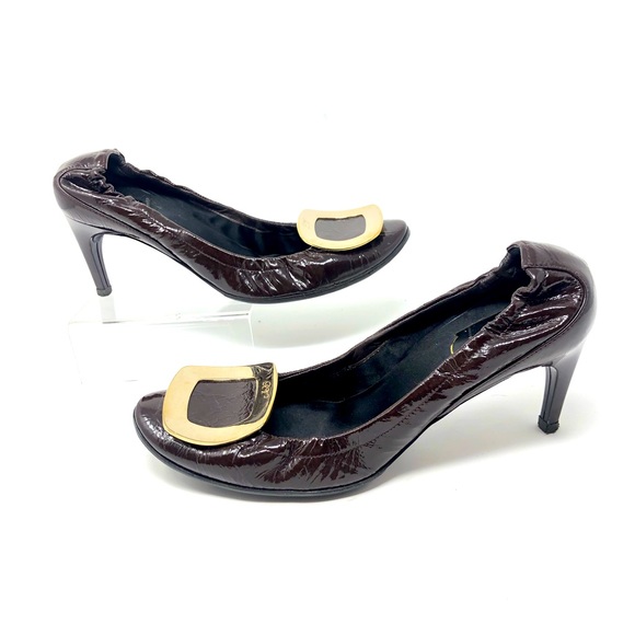 Roger Vivier Dark Brown Patent Leather Chips Elastic Heels / Pumps sz 37.5 - Picture 1 of 10